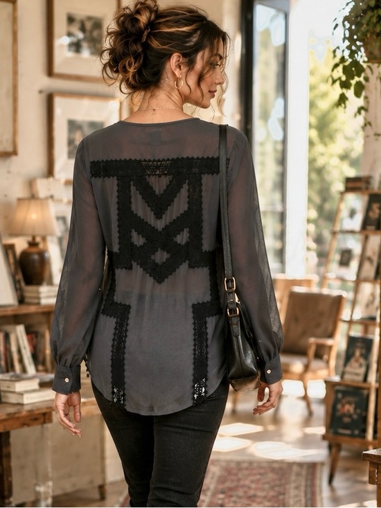 Artisan de Luxe Tops - Artisan De Luxe Sheer Lace Inset Boho Blouse Romantic Western Goth Top Size S